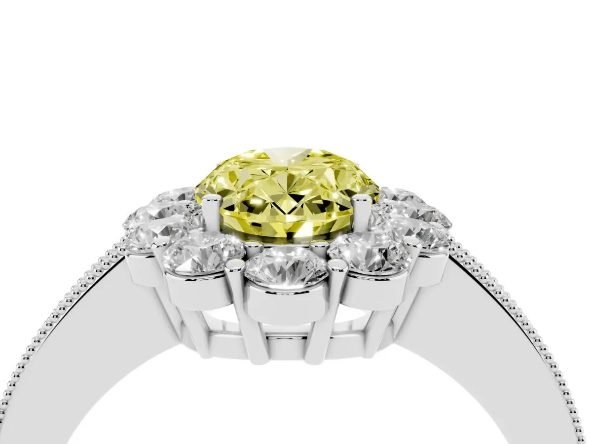 Fancy Yellow Oval Cut Cut Halo Diamond Pavé Engagement Ring with Milgrain Detailing Silver