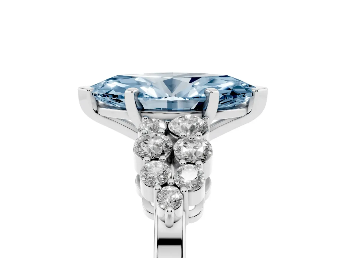 Fancy Blue Marquise Cut Cluster Diamond Engagement Ring with Pavé Band and Four-Prong Setting Silver