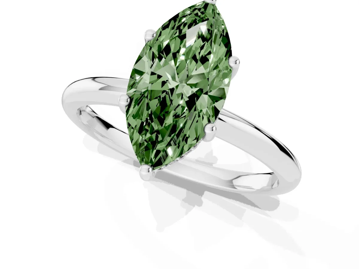 Fancy Green Marquise Cut Cut Solitaire Engagement Ring with Four-Prong Setting and Classic Band Silver