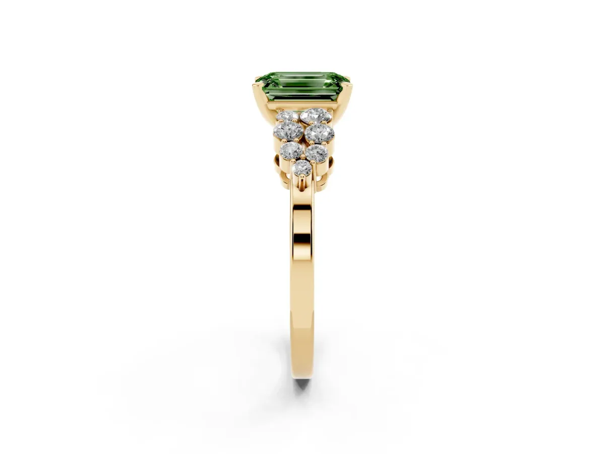 Fancy Green Emerald Cut Cluster Diamond Engagement Ring with Pavé Band and Four-Prong Setting Yellow gold