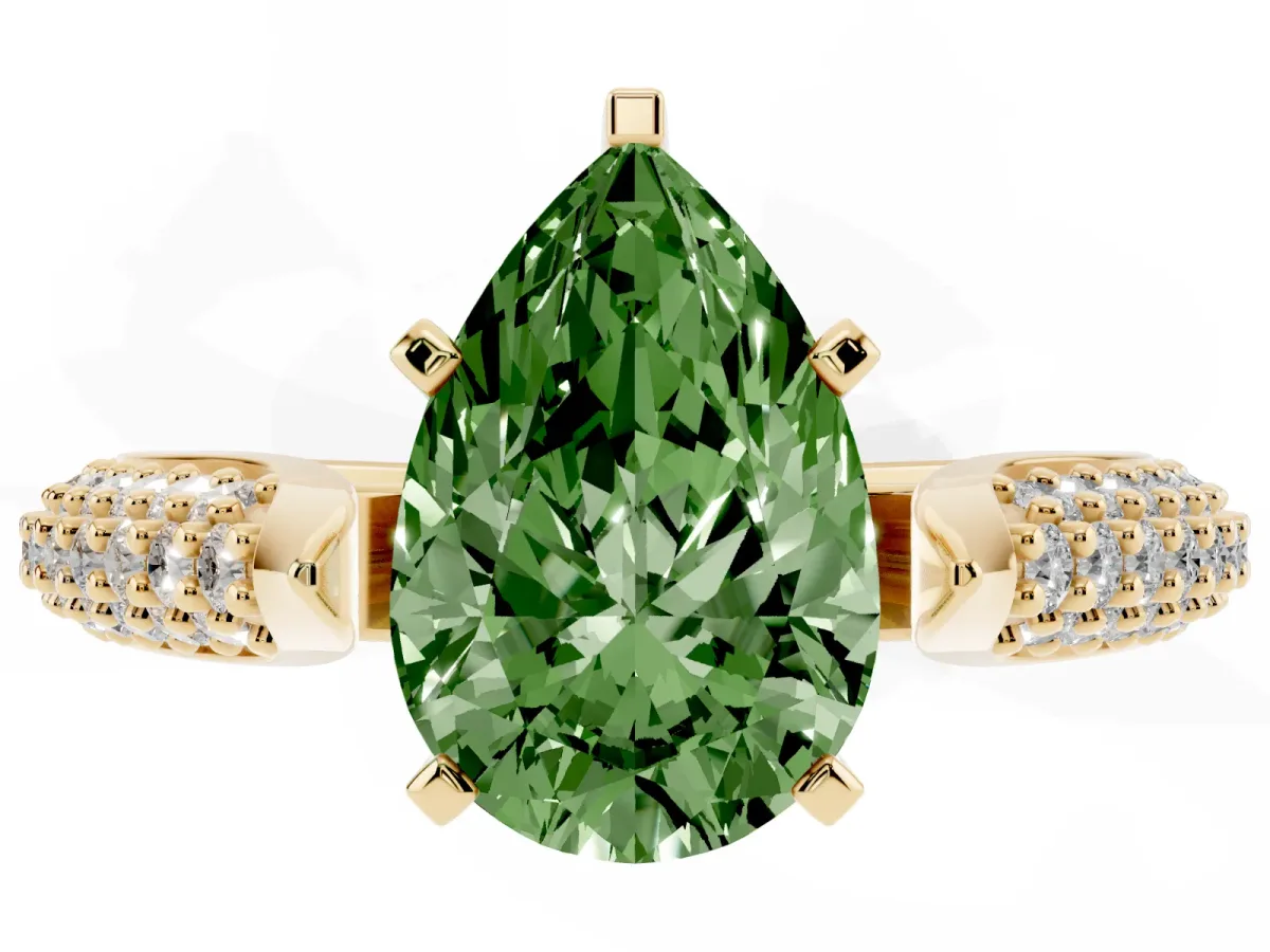 Fancy Green Pear Cut Diamond Solitaire Engagement Ring with Multi-Row Round Pavé Band and Prong Setting Yellow gold