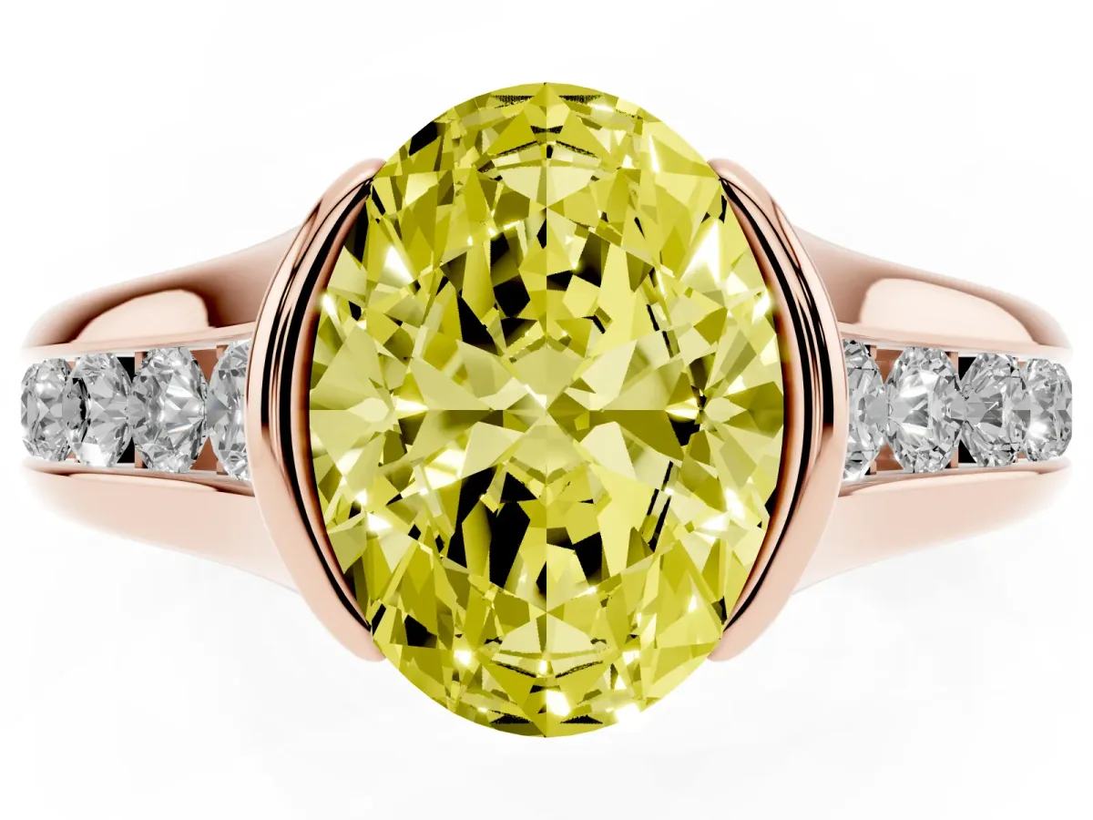 Fancy Yellow Oval Cut Solitaire Bezel-Set Diamond Ring with Channel-Set Band Rose gold