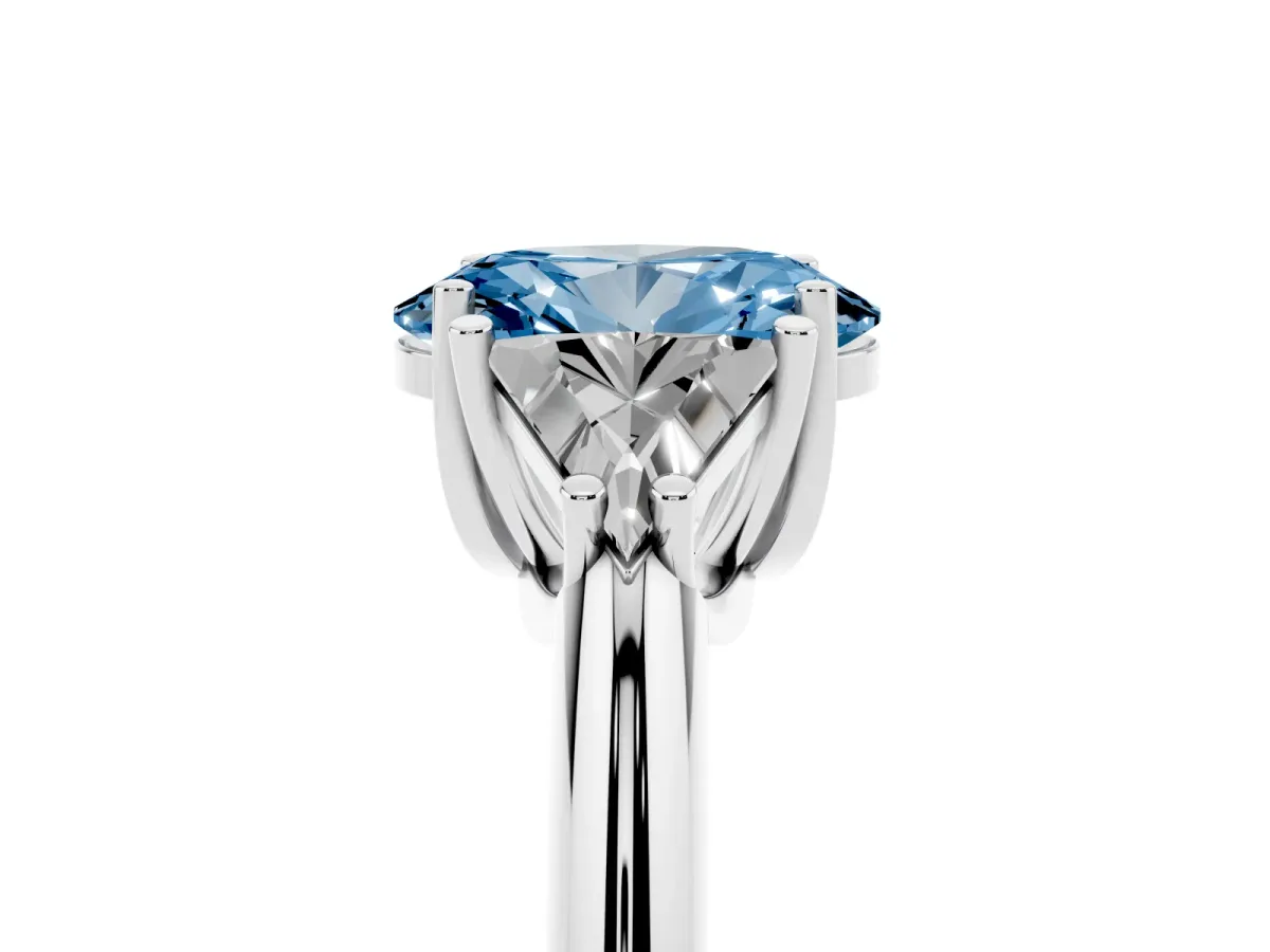 Fancy Blue Three-Stone Oval Cut Diamond Engagement Ring with Trillion Side Stones and Prong Setting Silver