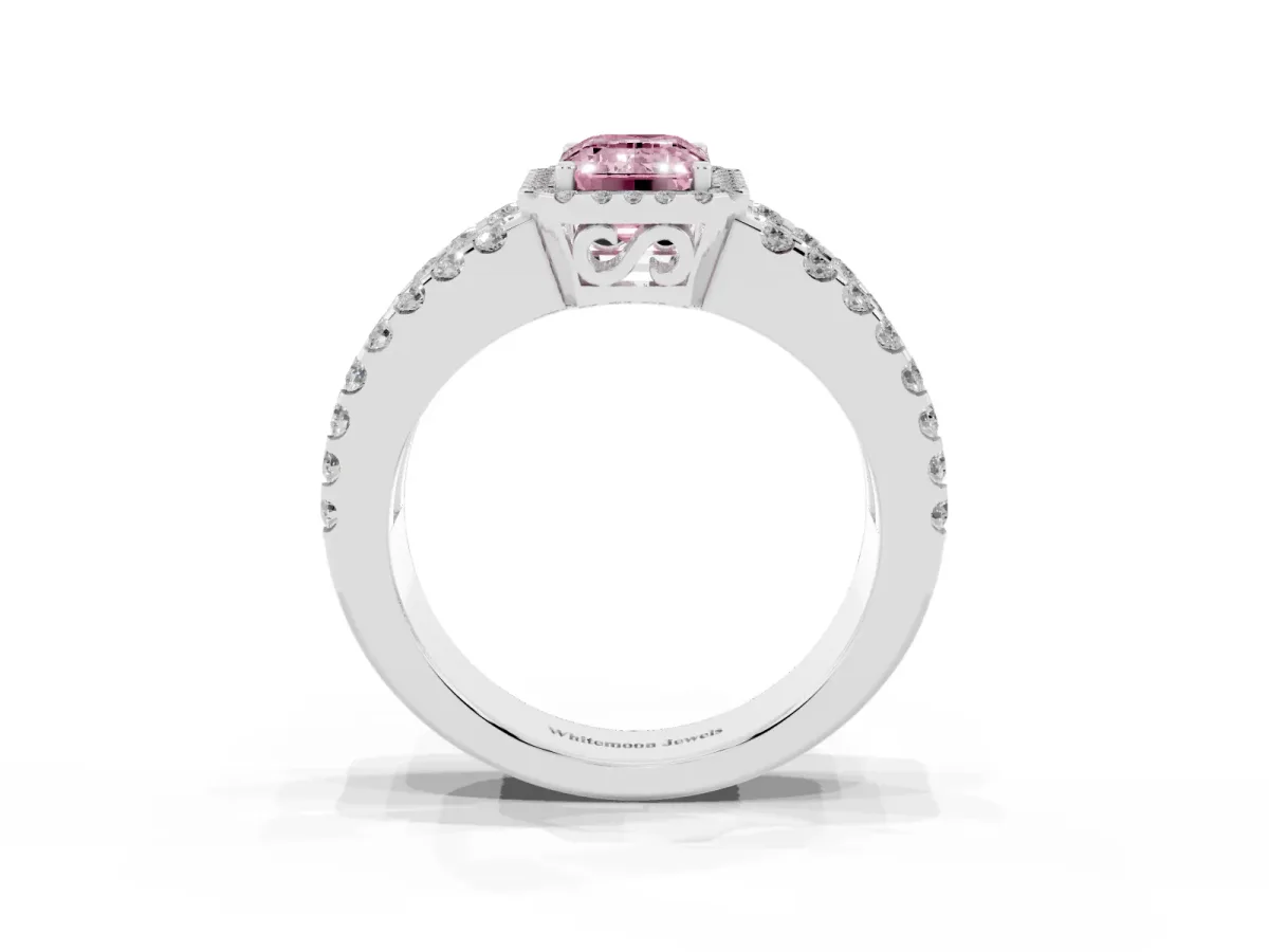Fancy Pink Emerald Cut Cut Halo Split Shank Diamond Ring with Four-Prong Setting Silver