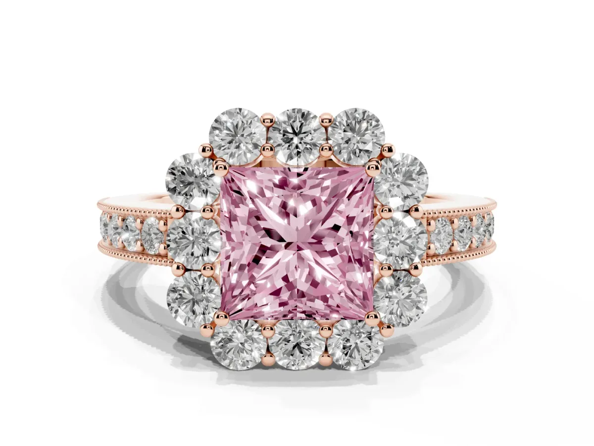 Fancy Pink Princess Cut Cut Halo Diamond Pavé Engagement Ring with Milgrain Detailing Rose gold