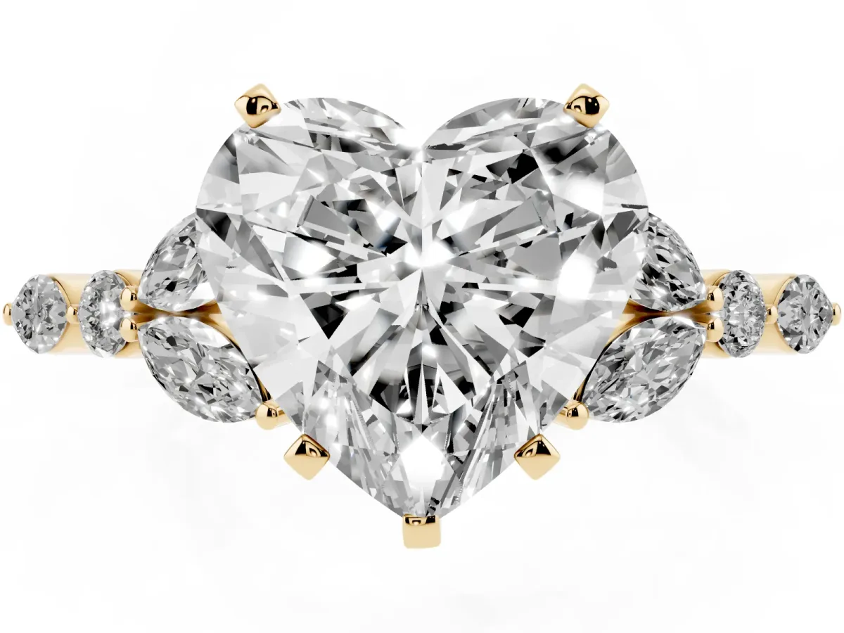 Heart Cut Diamond Solitaire Ring with Side Stones and Four-Prong Setting Yellow gold