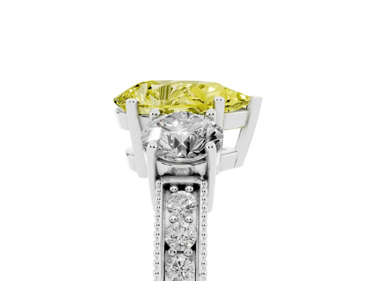 Fancy Yellow Pear Cut Three-Stone Diamond Ring with Pavé Band and Four-Prong Setting Silver