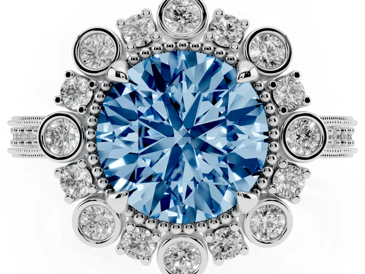 Fancy Blue Round Cut Halo Milgrain Pave Diamond Ring with Four-Prong Setting Platinum