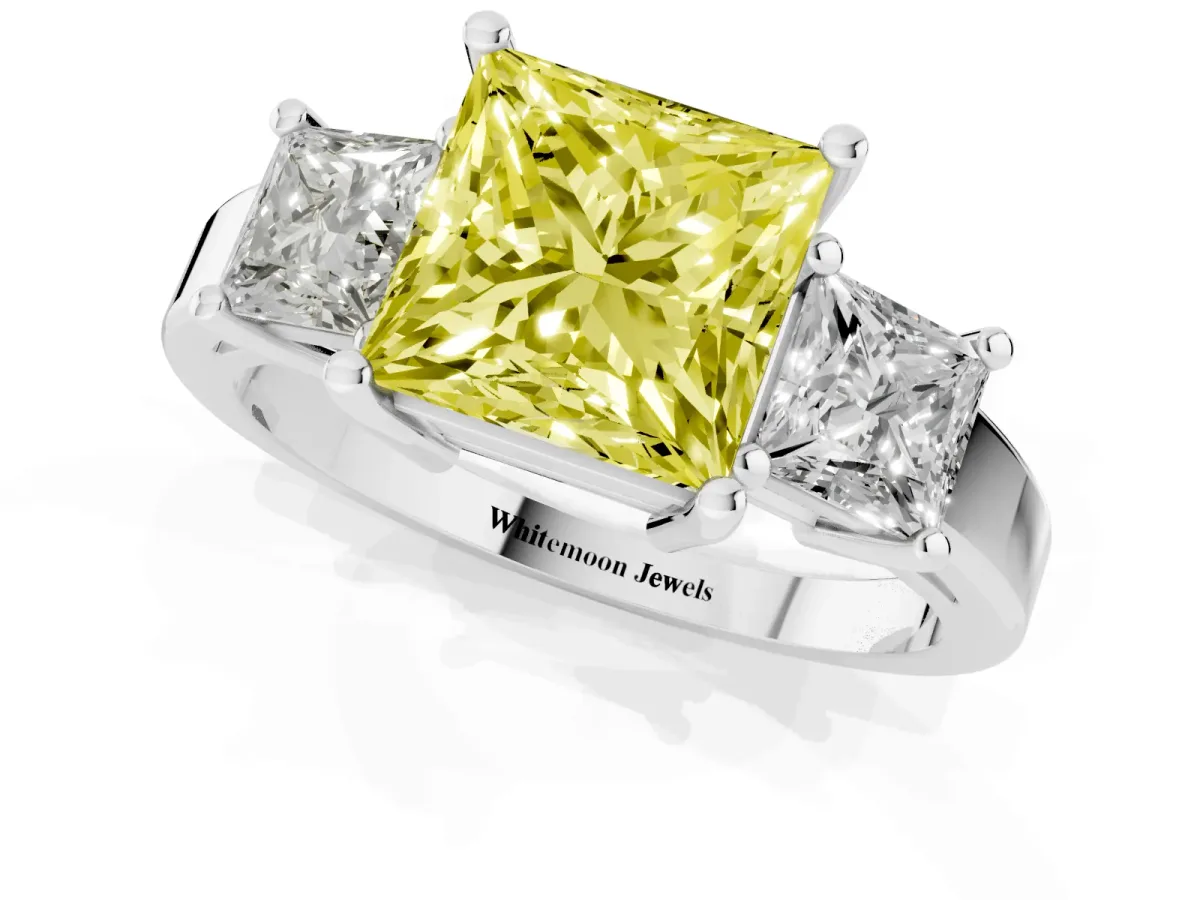Fancy Yellow Three-Stone Princess Cut Cut Solitaire Ring with Prong Setting Silver