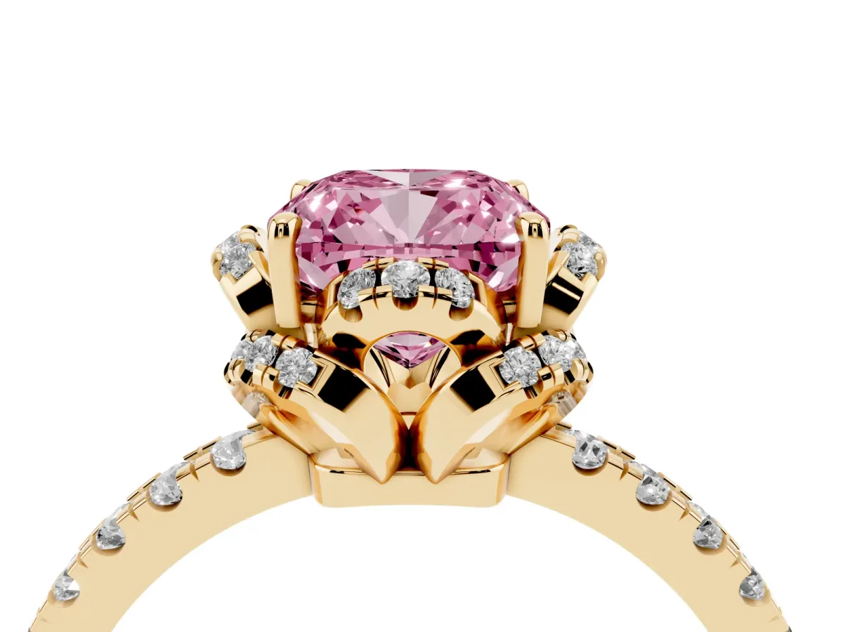 Fancy Pink Cushion Cut Diamond Halo Pave Band with Four-Prong Setting Yellow gold