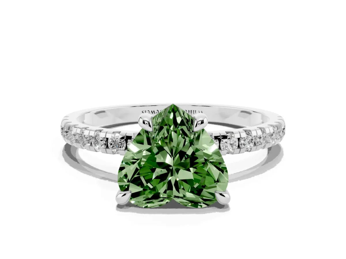 Fancy Green Heart Cut Diamond Brilliant Solitaire Ring with Pavé Band and Four-Prong Setting Platinum