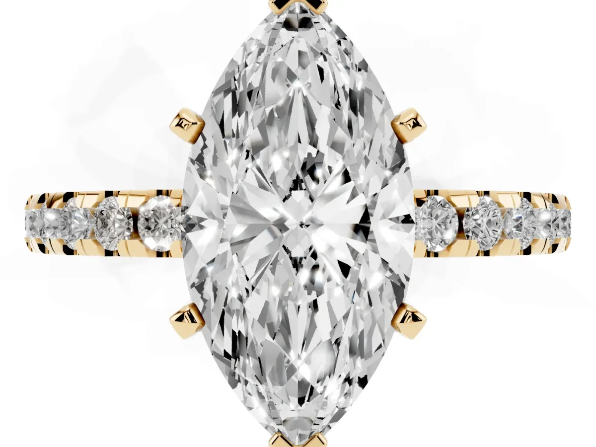 Marquise Cut Diamond Solitaire Ring with Round Pavé Band and Four-Prong Setting Yellow gold