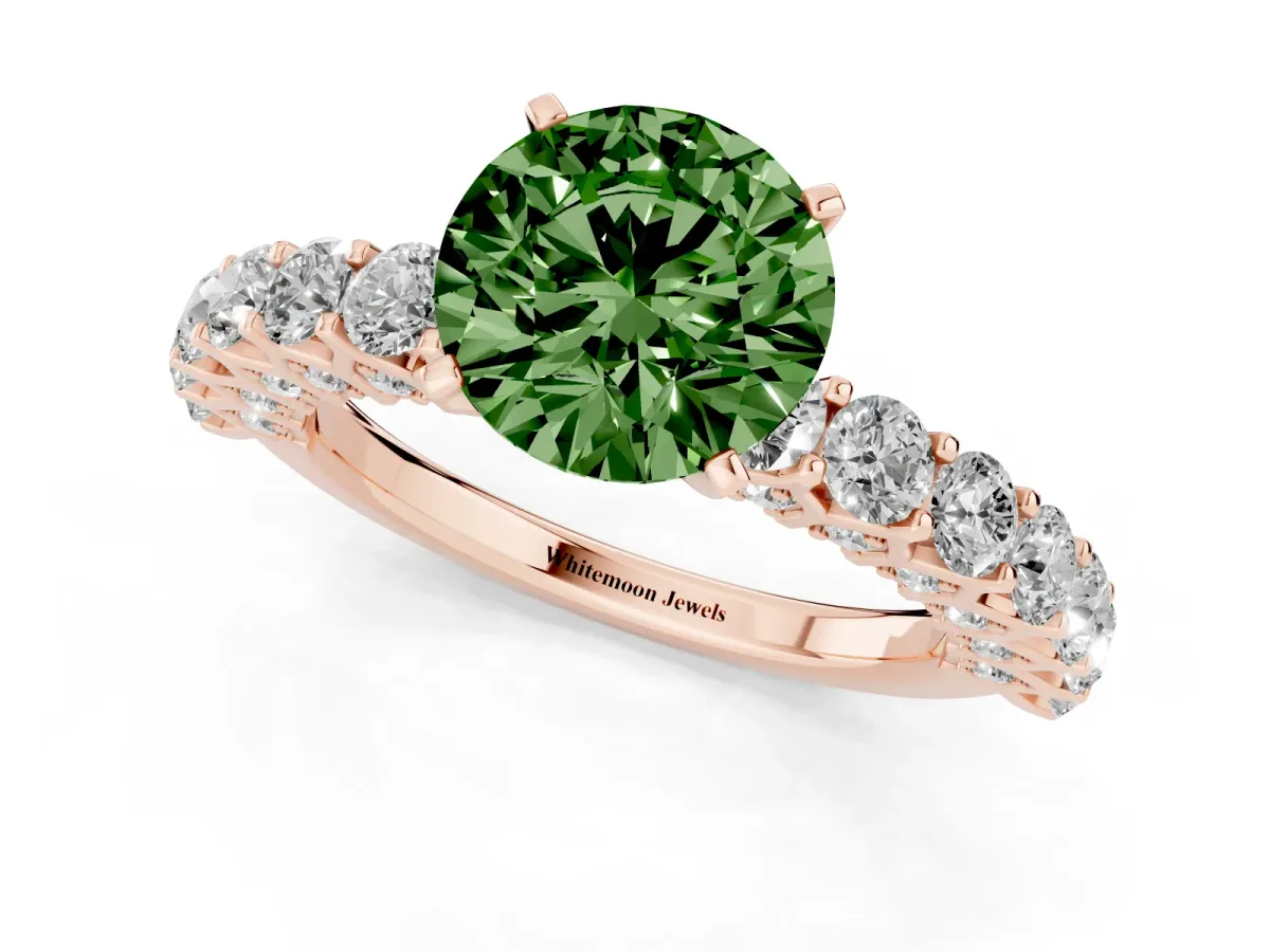 Fancy Green Round Cut Diamond Solitaire Ring with Shared Prong Pavé Band and Four-Prong Setting Rose gold