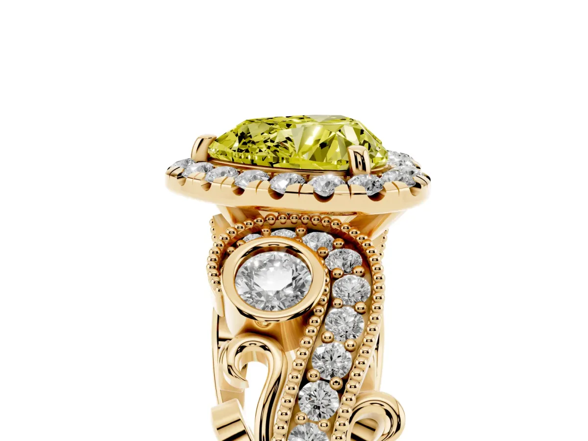 Fancy Yellow Heart Cut Diamond Halo Ring with Milgrain Pavé Band and Four-Prong Setting Yellow gold