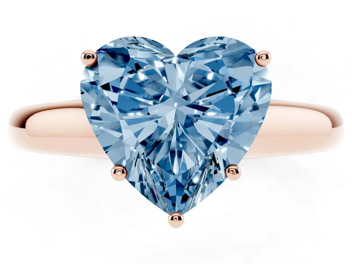 Fancy Blue Heart Cut Cut Diamond Solitaire Engagement Ring with Tapered Plain Band and Four-Prong Setting Rose gold