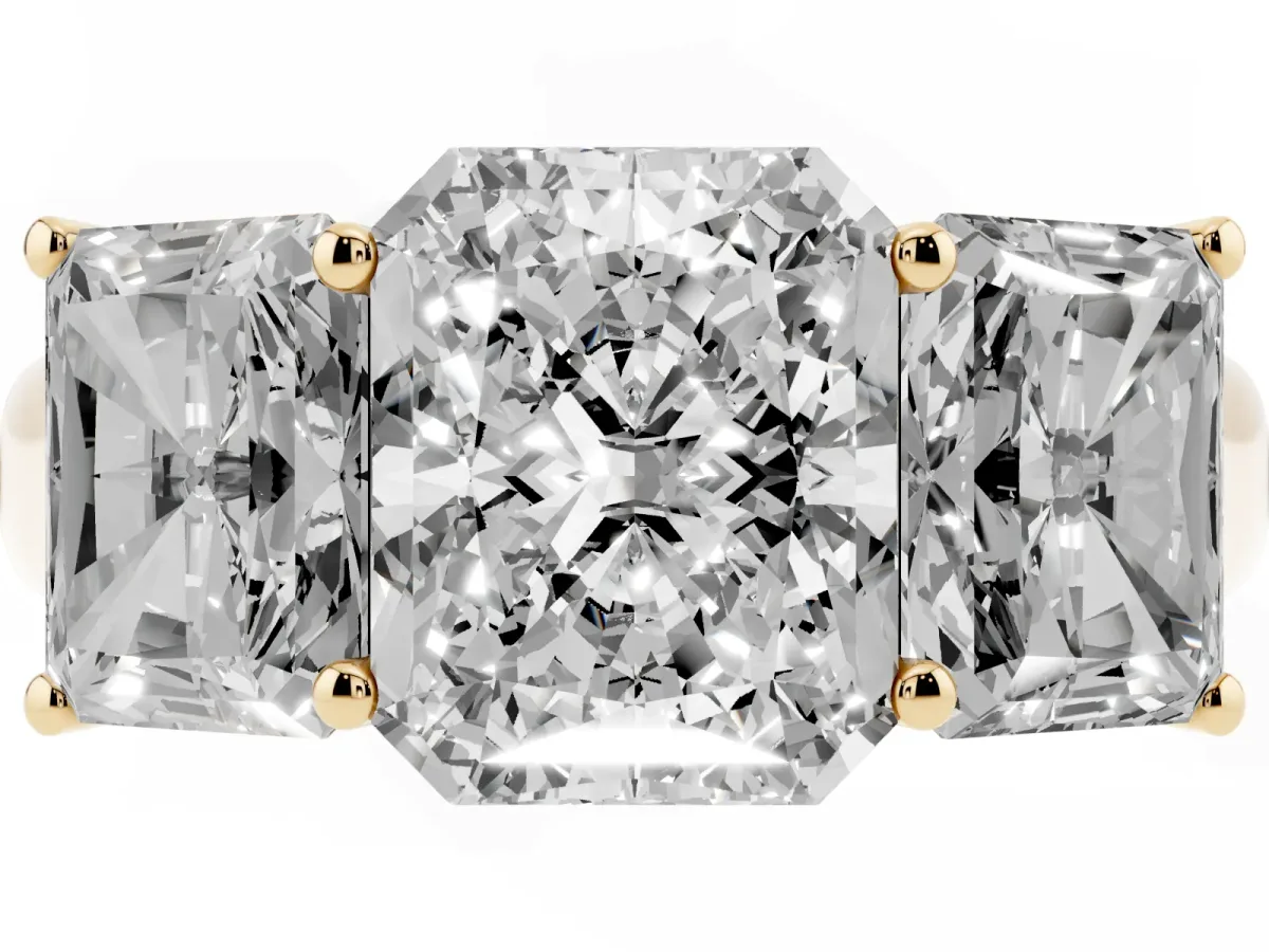 Radiant Cut Three-Stone Diamond Ring with Prong Setting on a Classic Band Yellow gold