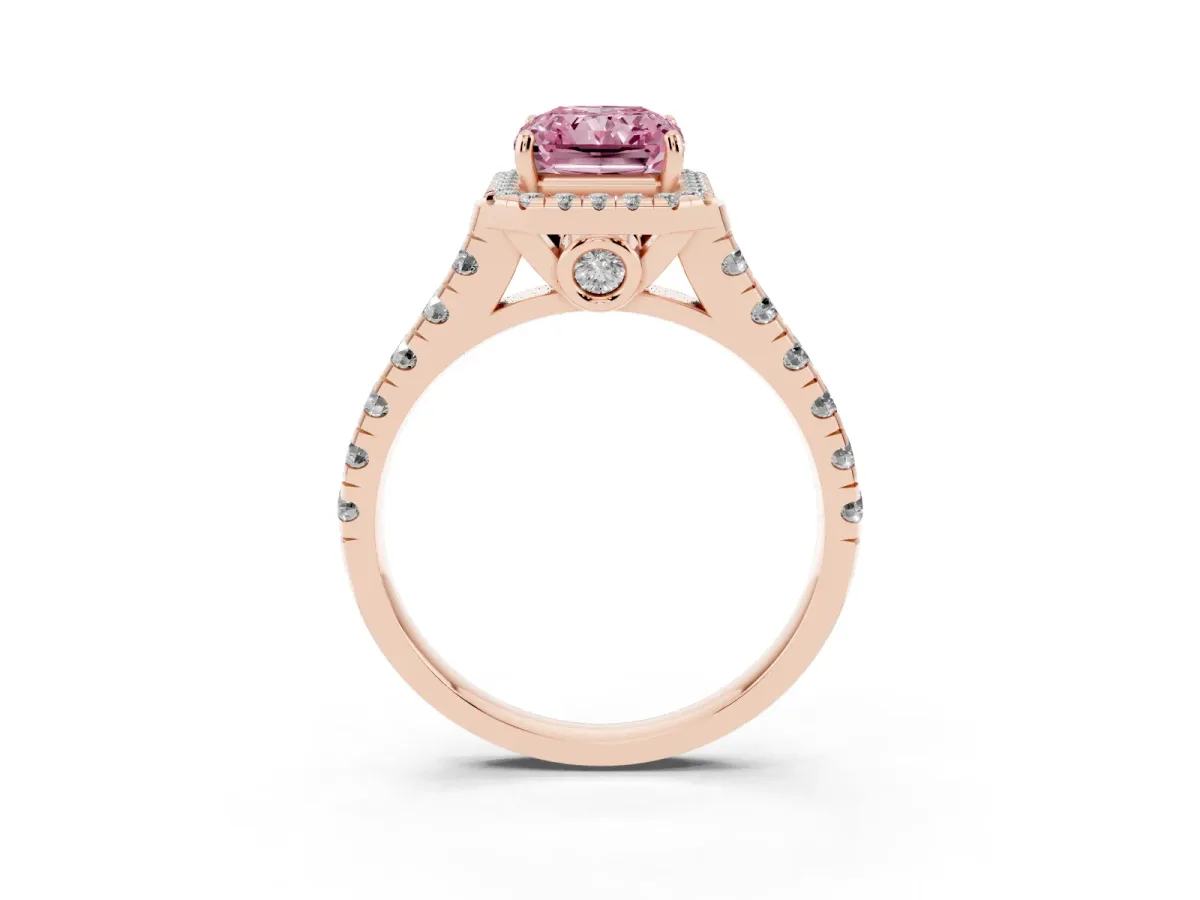 Fancy Pink Radiant Cut Halo Pavé Diamond Engagement Ring with Four-Prong Setting Rose gold