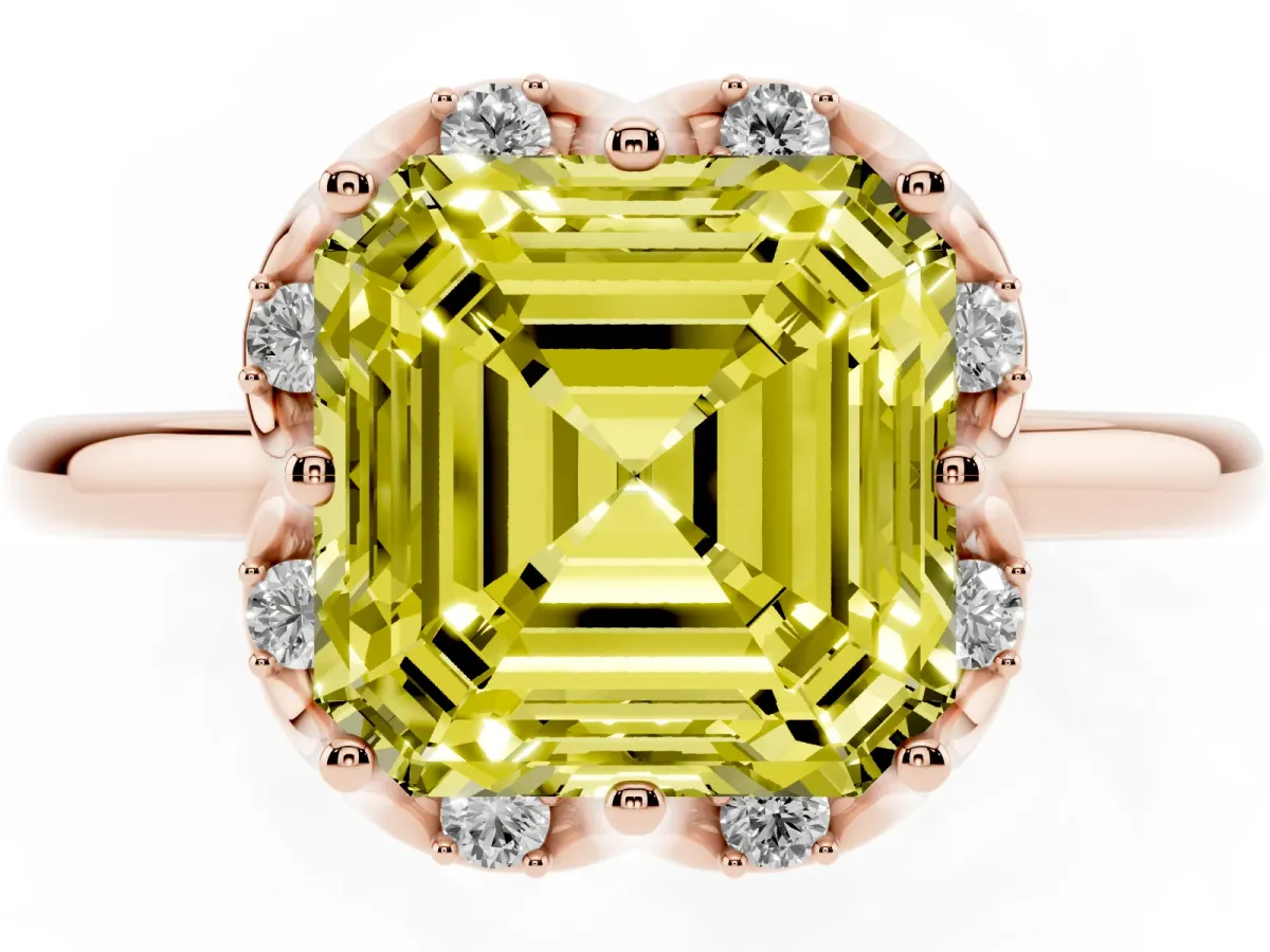 Fancy Yellow Asscher Cut Halo Diamond Ring with Round Cluster Setting, Solitaire Band, and Four-Prong Setting Rose gold