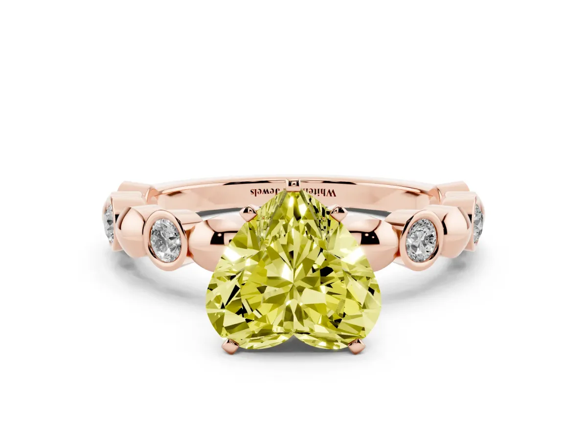 Fancy Yellow Heart Cut Solitaire Bezel-Set Diamond Ring with Beaded Band and Four-Prong Setting Rose gold