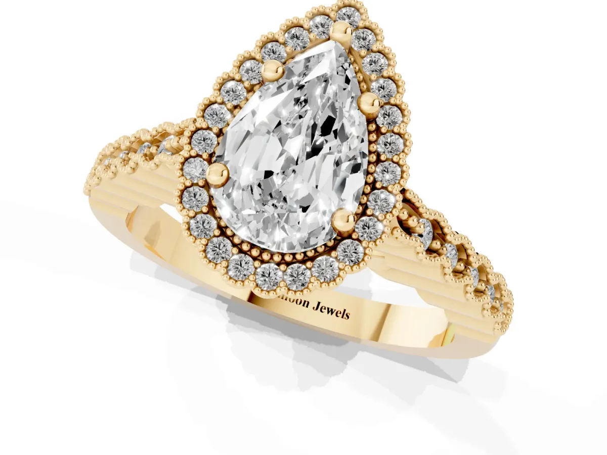 Pear Cut Cut Halo Pavé Solitaire Ring with Milgrain Band Yellow gold