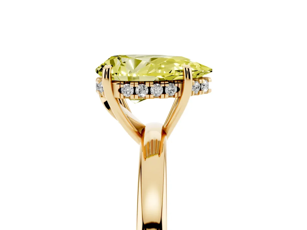 Fancy Yellow Pear Cut Solitaire Diamond Ring with Prong Setting and Plain Band Yellow gold