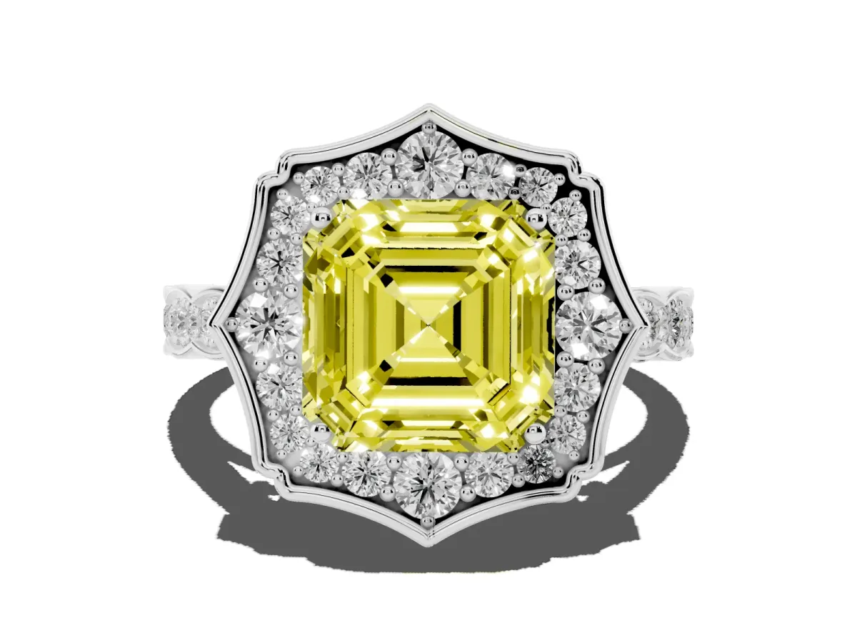 Fancy Yellow Asscher Cut Halo Diamond Engagement Ring with Milgrain Band and Four-Prong Setting Platinum