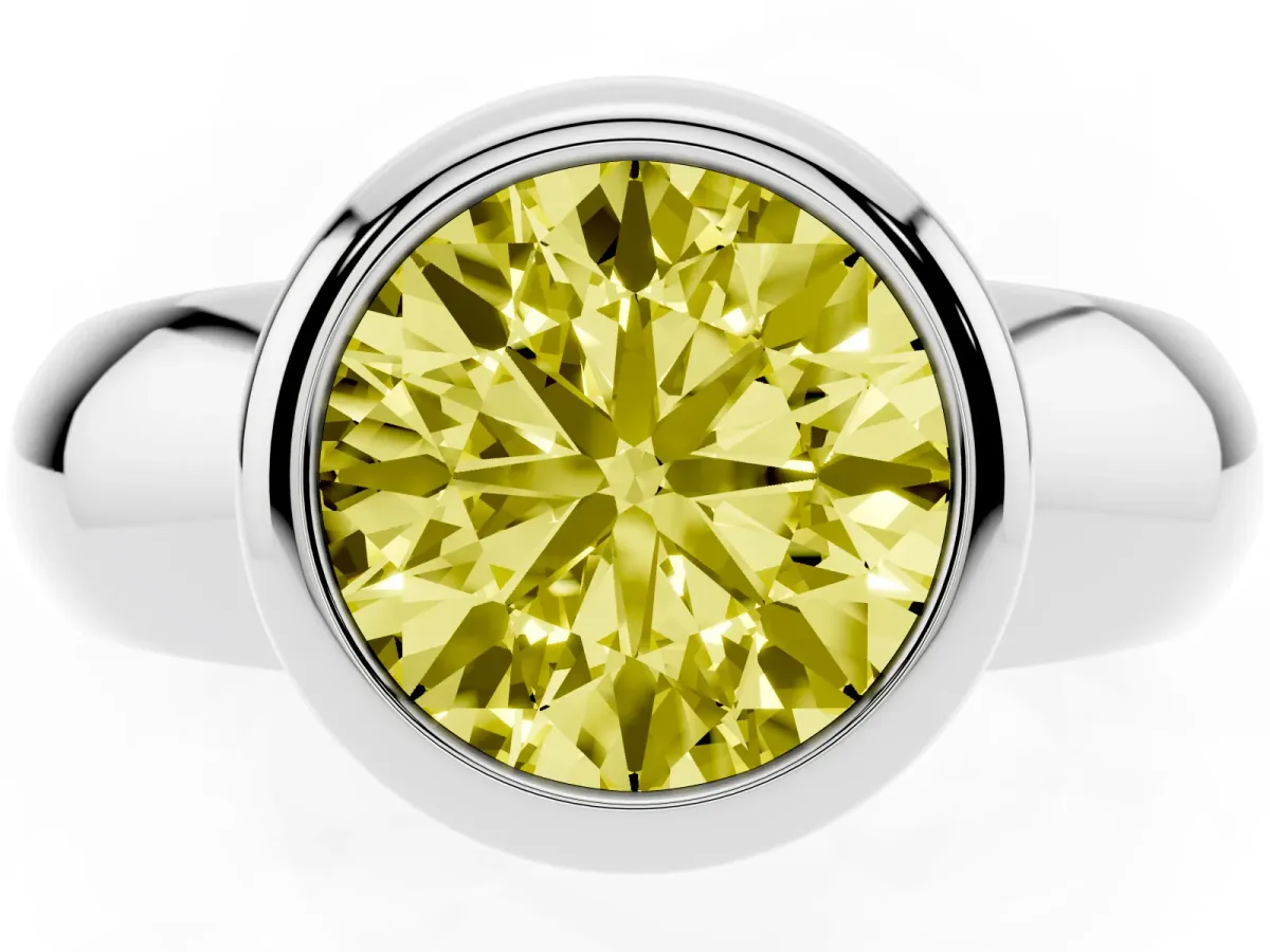 Fancy Yellow Bezel Set Round Cut Solitaire Ring with Wide Band Platinum