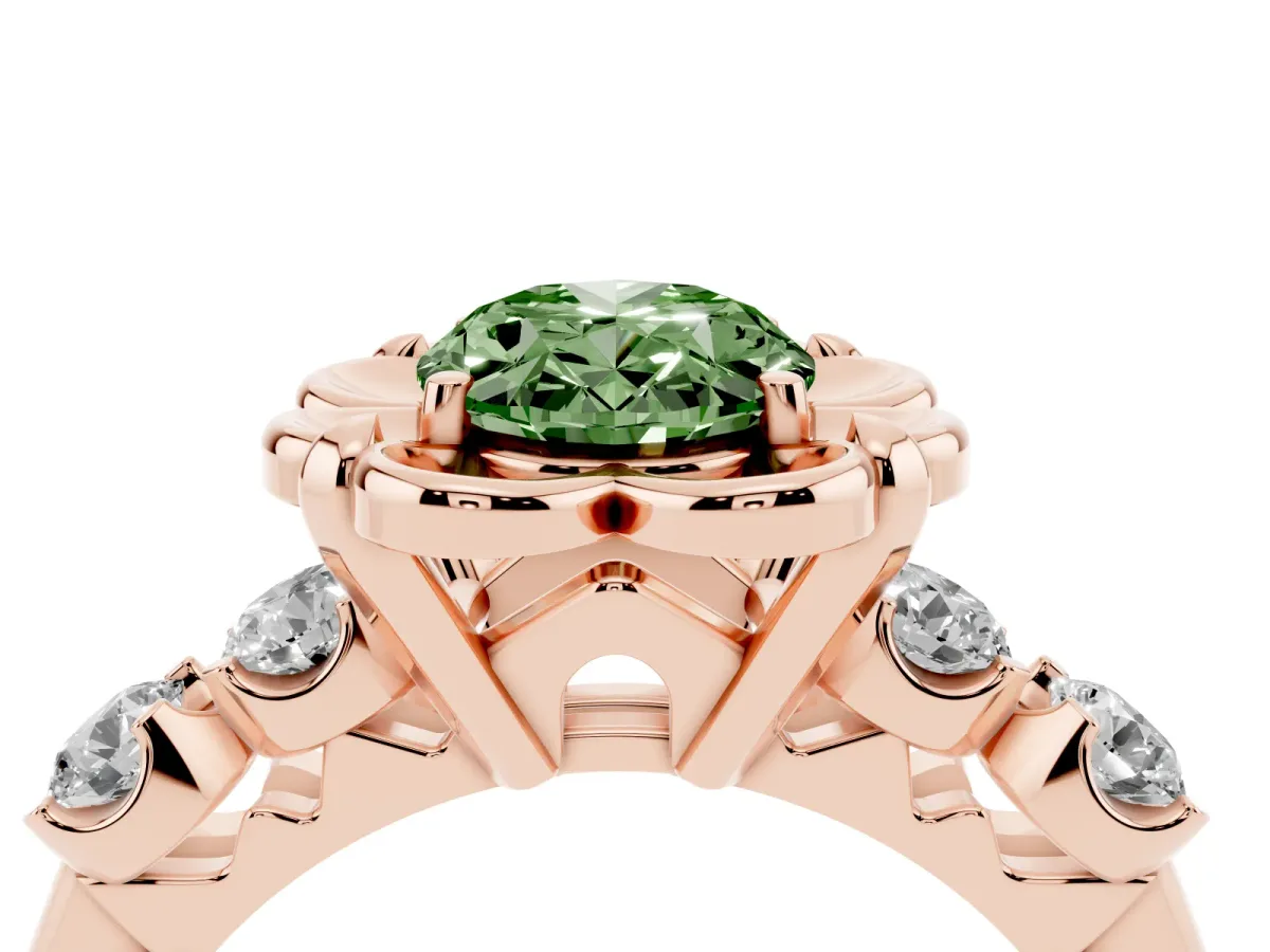 Fancy Green Oval Cut Cut Diamond Floral Halo Engagement Ring with Shared Prong Setting Rose gold