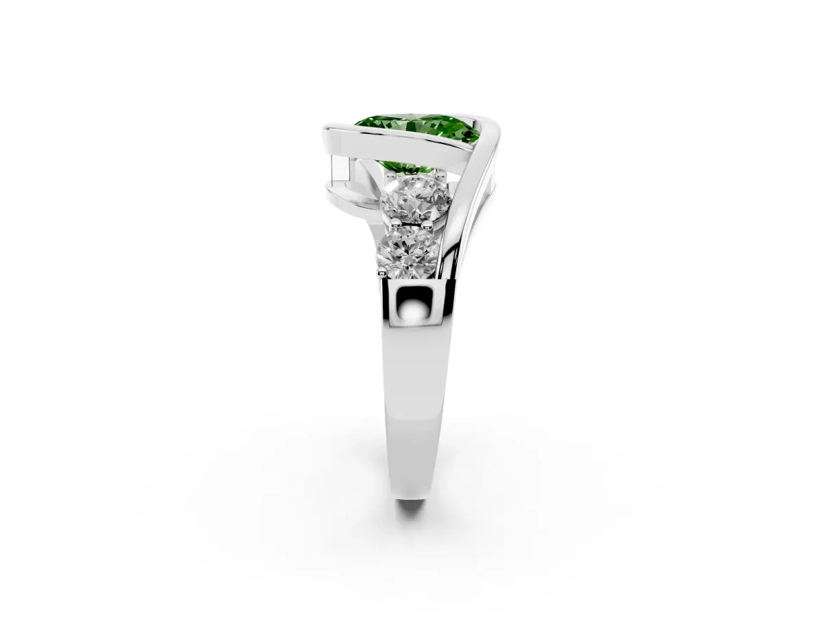 Fancy Green Bezel Set Oval Cut Diamond Bypass Ring with Round Accents Silver