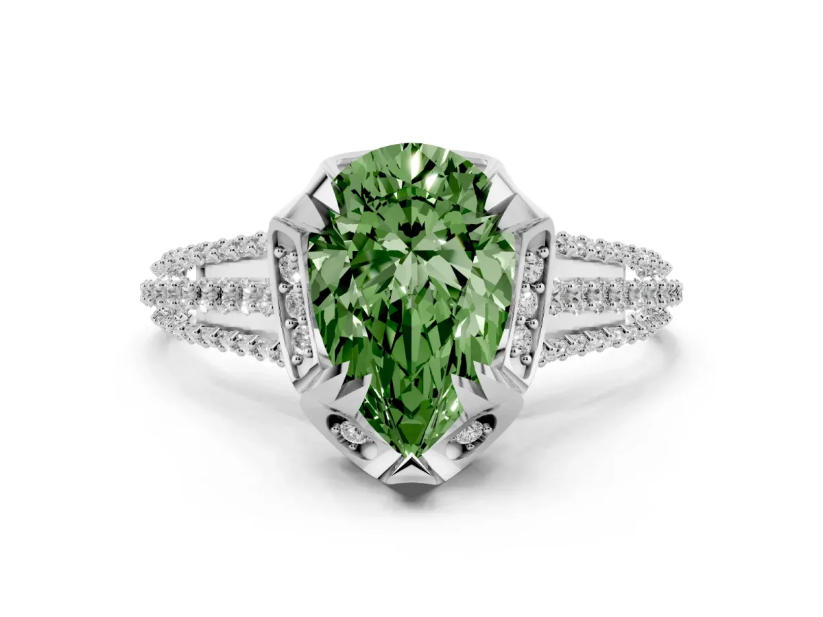 Fancy Green Pear Cut Solitaire Pave Split Shank Ring with Four-Prong Setting Silver
