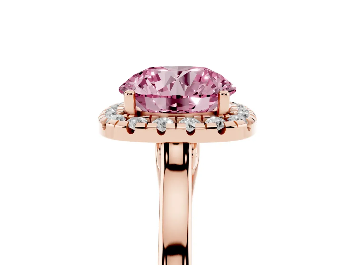 Fancy Pink Round Cut Halo Round Diamond Solitaire Ring with Pavé Band and Four-Prong Setting Rose gold