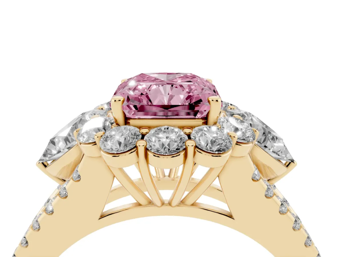 Fancy Pink Radiant Cut Halo Split Shank Diamond Engagement Ring with Prong Setting Yellow gold