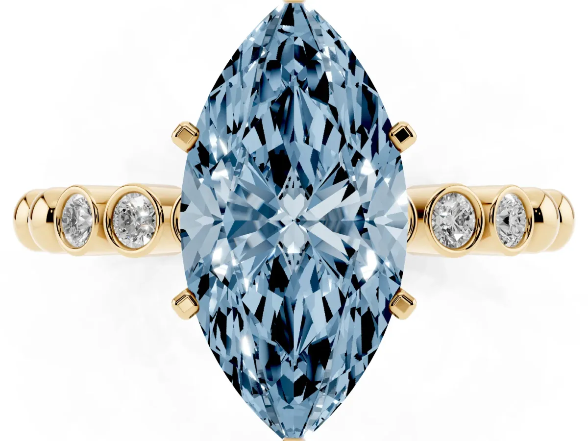 Fancy Blue Marquise Cut Solitaire Bezel Accent Diamond Engagement Ring with Beaded Band and Four-Prong Setting Yellow gold