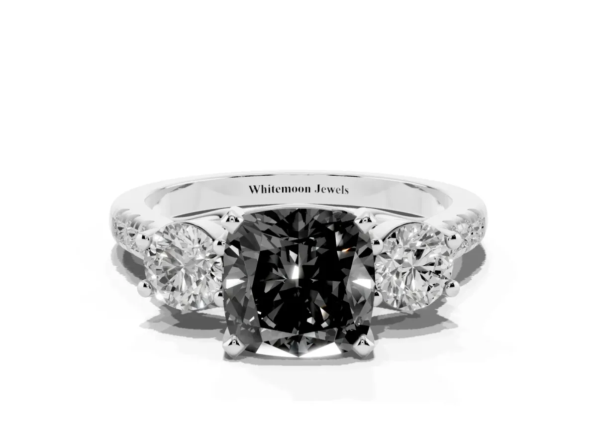 Fancy Black Three-Stone Cushion Cut Diamond Pavé Band with Four-Prong Setting Platinum