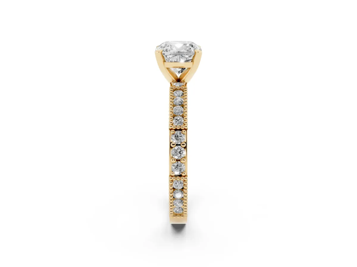 Cushion Cut Solitaire with Pavé Band and Four-Prong Setting Yellow gold