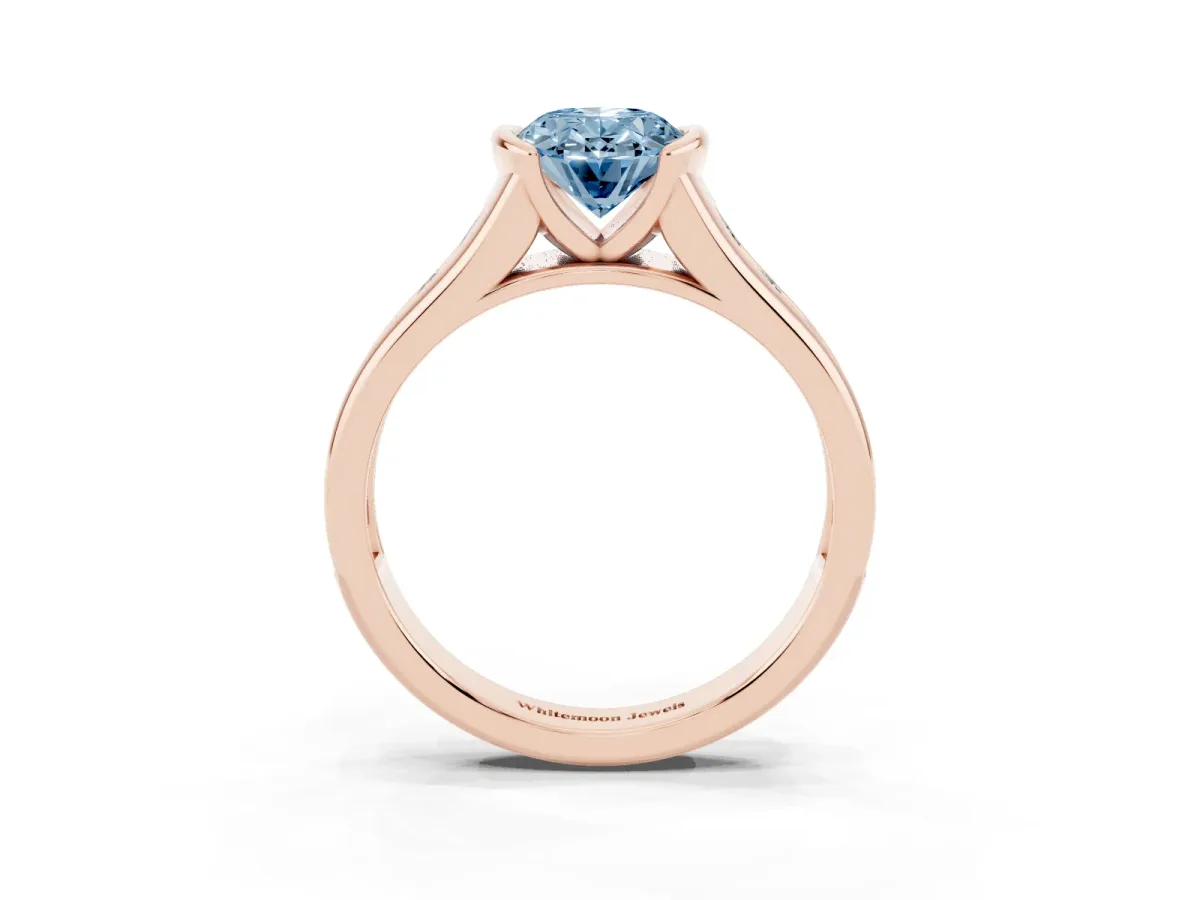 Fancy Blue Oval Cut Solitaire Bezel-Set Diamond Ring with Channel-Set Band Rose gold