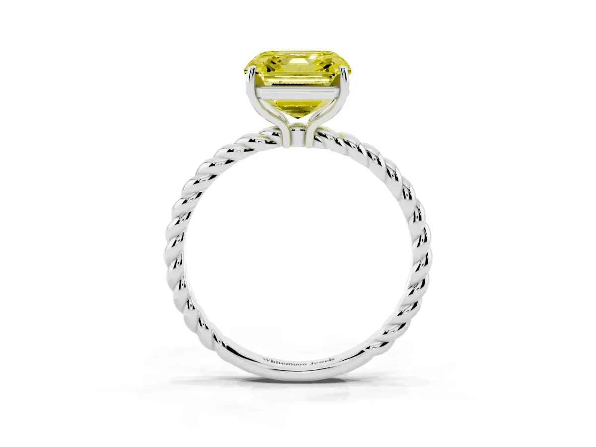 Fancy Yellow Asscher Cut Solitaire Twisted Band 4-Prong Ring White gold