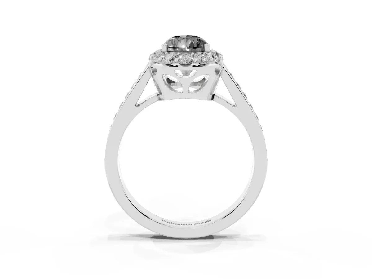 Fancy Black Pear Cut Diamond Floral Halo Ring with Pavé Band and Prong Setting Silver