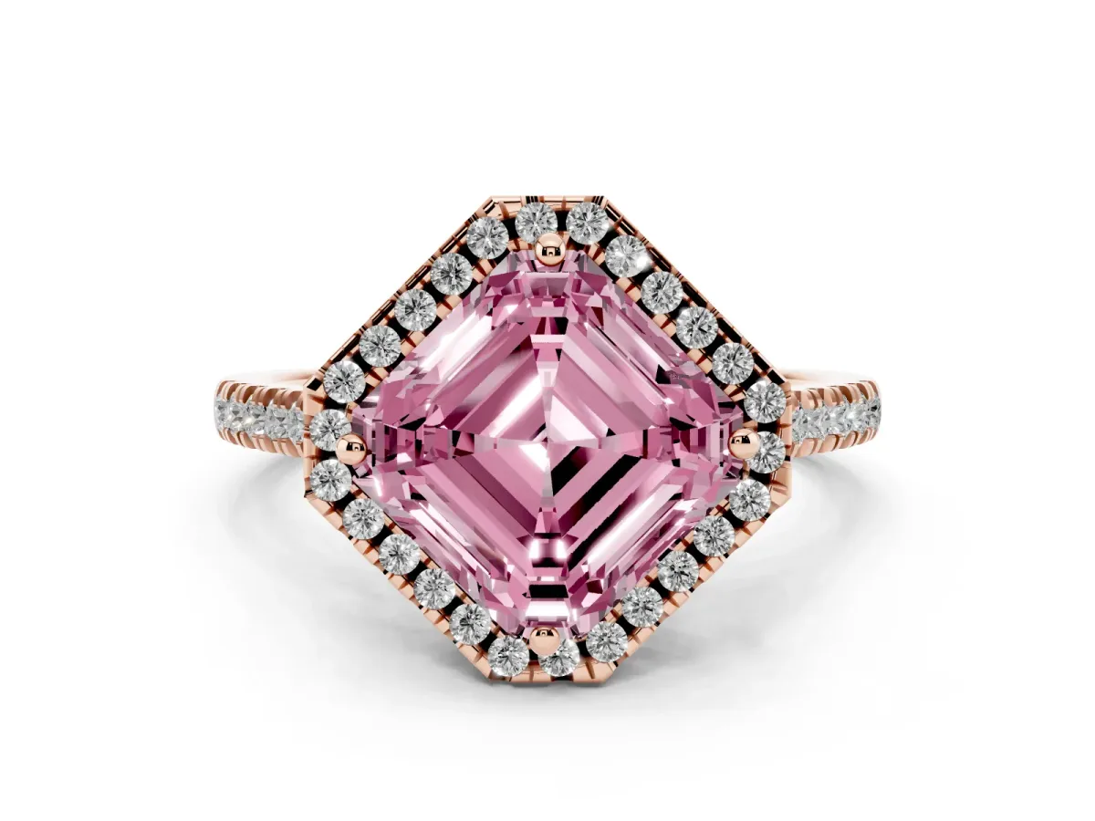 Fancy Pink Asscher Cut Diamond Cushion Halo Ring with Pavé Band Rose gold