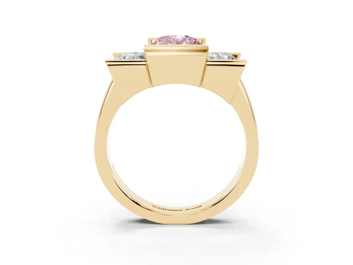 Fancy Pink Three Stone Oval Cut Cut Channel Set Diamond Ring Yellow gold