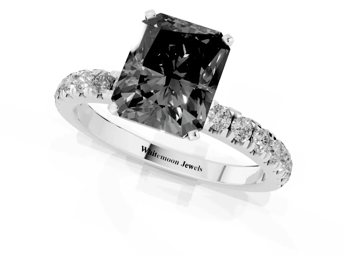 Fancy Black Radiant Cut Diamond Solitaire Ring with Pavé Accents and Four-Prong Setting Silver