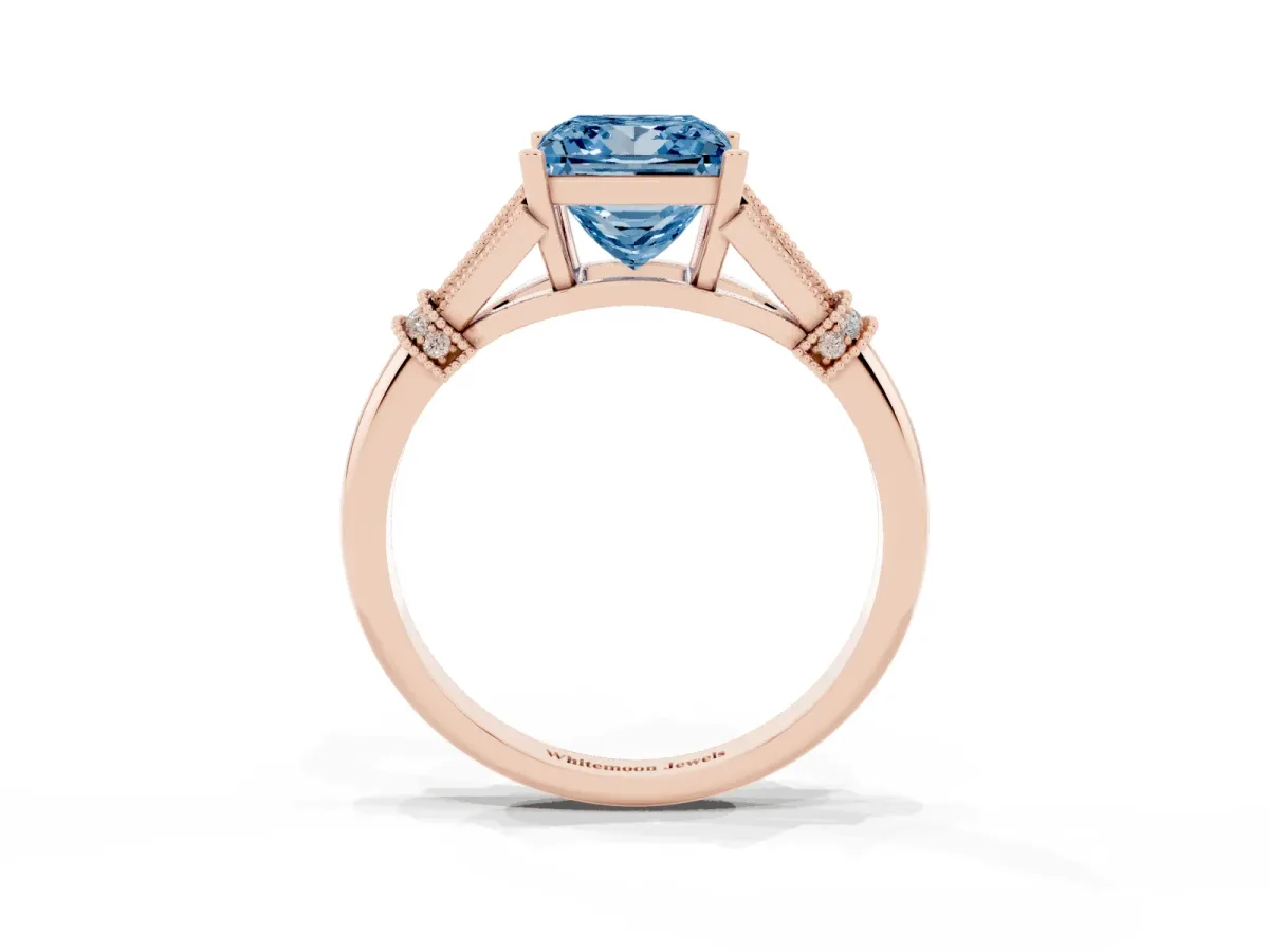 Fancy Blue Princess Cut Diamond Solitaire Ring with Floral Filigree and Pave Accents Rose gold