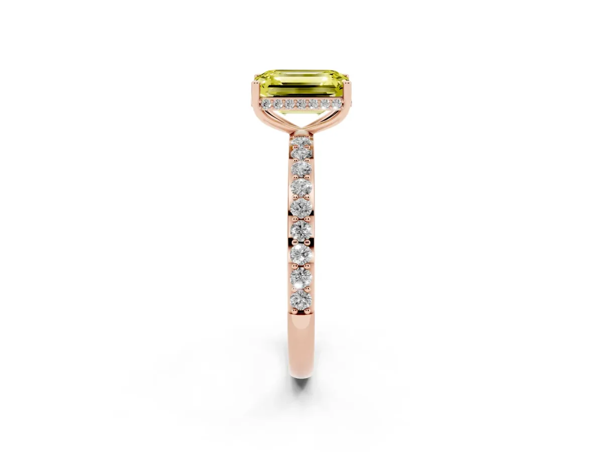 Fancy Yellow Emerald Cut Diamond Solitaire Ring with Pavé Band and Hidden Halo Rose gold