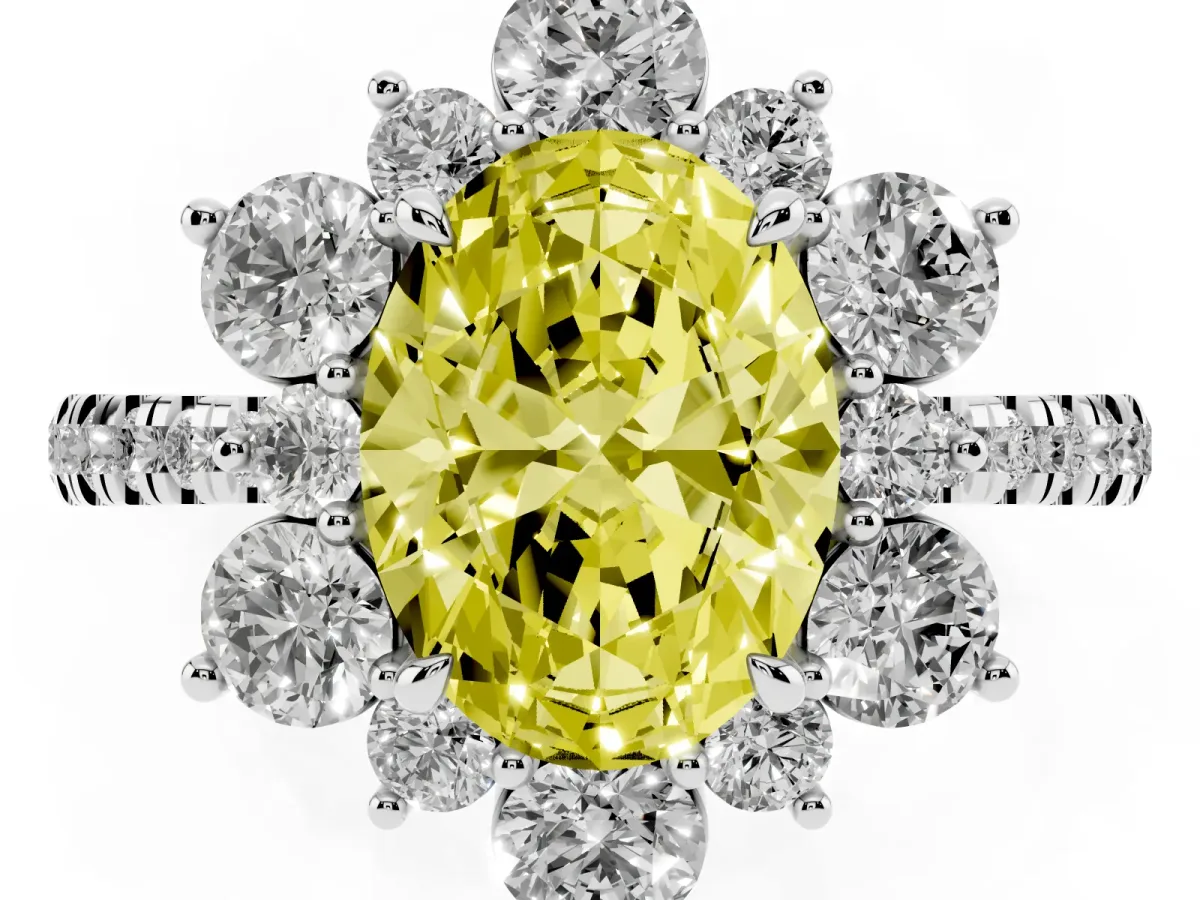 Fancy Yellow Oval Cut Diamond Floral Halo Ring with Round Pavé Band and Prong Setting Silver