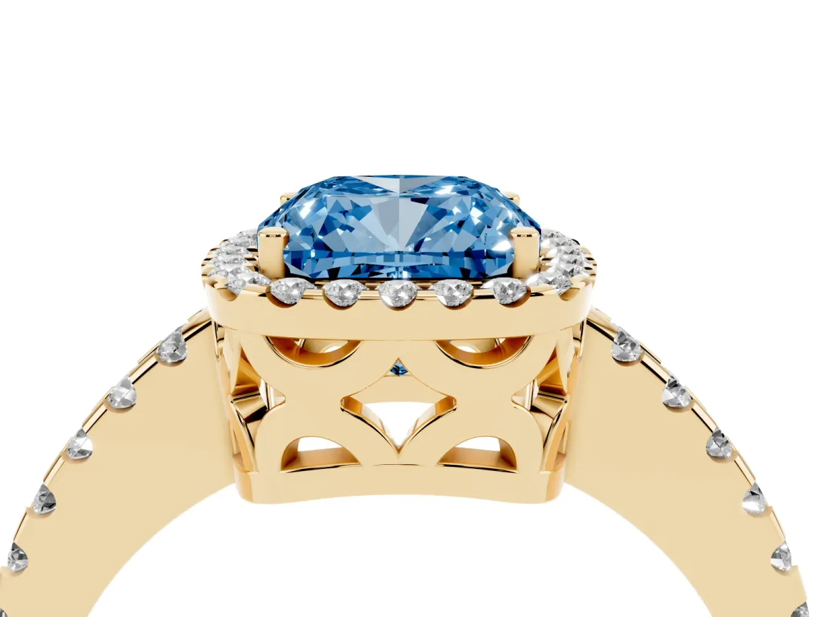 Fancy Blue Cushion Cut Diamond Halo Engagement Ring with Pavé Band and Prong Setting Yellow gold
