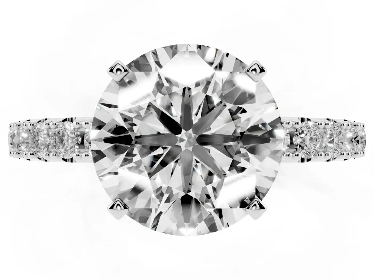 Round Cut Diamond Solitaire Pavé Band with Four-Prong Setting Silver