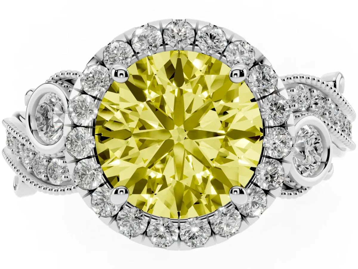 Fancy Yellow Round Cut Diamond Halo Ring with Milgrain Pavé Band and Four-Prong Setting Silver