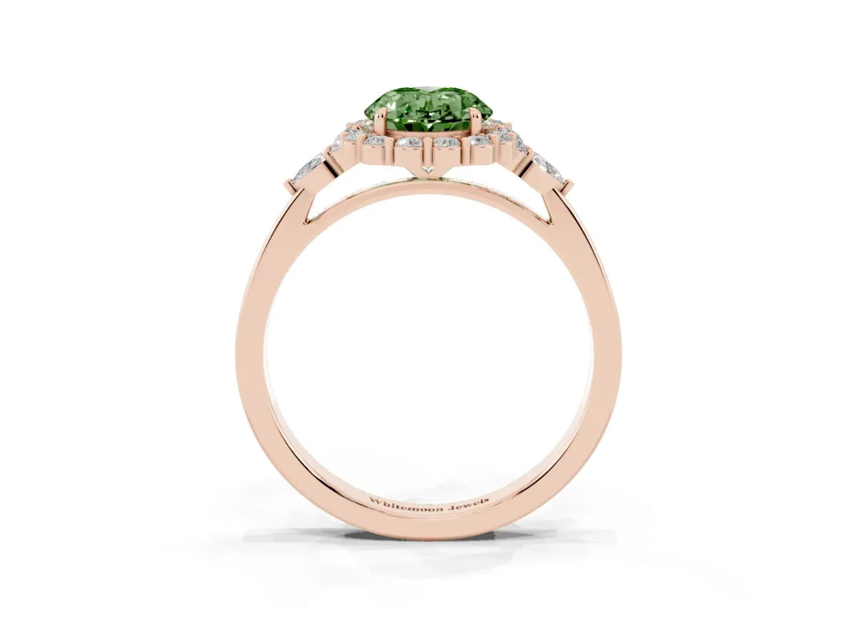 Fancy Green Oval Cut Diamond Halo Ring with Pear Side Stones and Prong Setting Rose gold