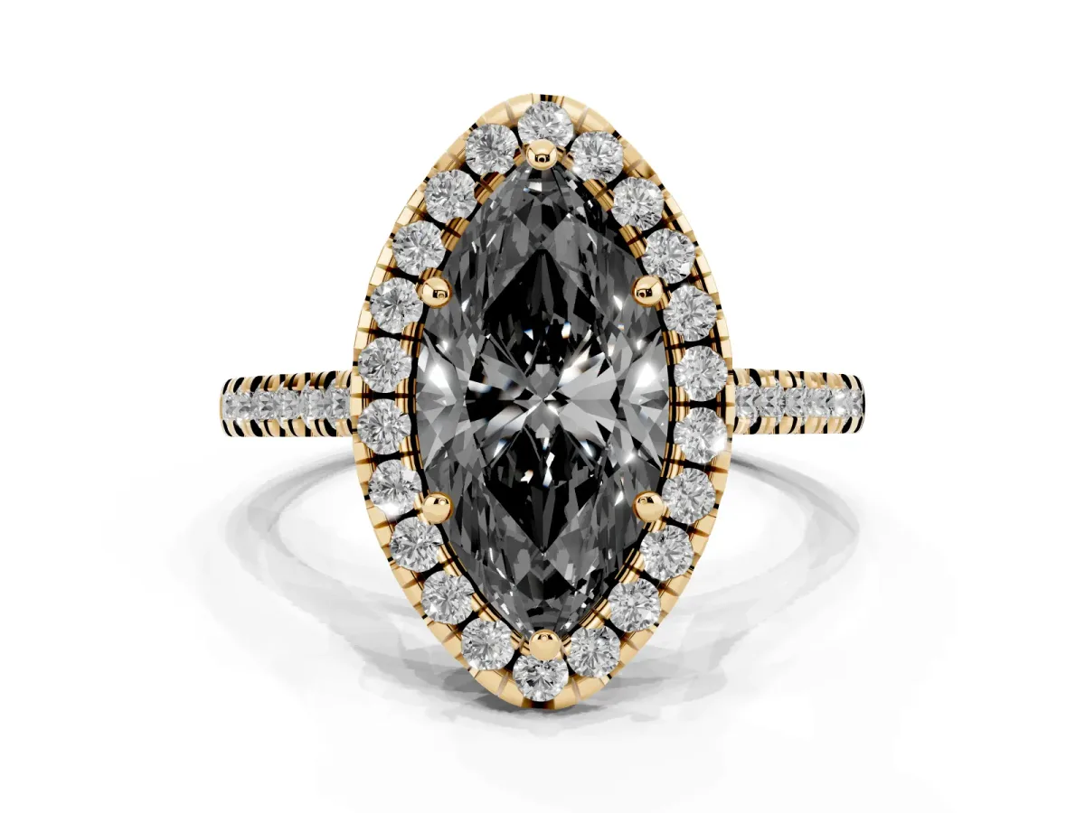 Fancy Black Marquise Cut Diamond Cushion Halo Ring with Pavé Band Yellow gold
