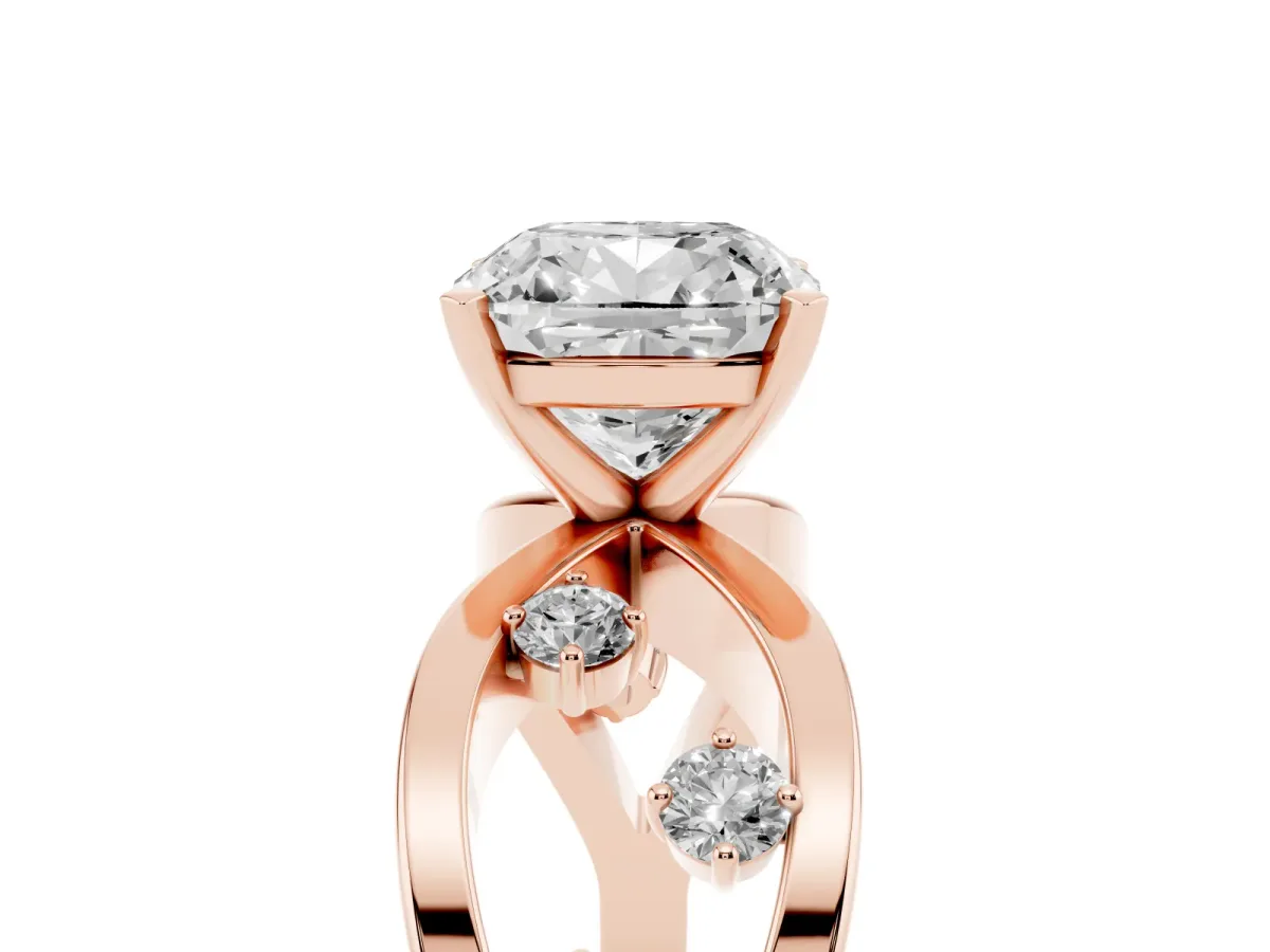 Cushion Cut Cut Solitaire Diamond with Side Stones on Criss-Cross Band and Four-Prong Setting Rose gold